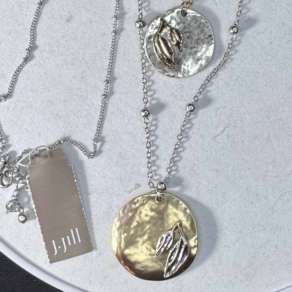 J. Jill Silver & Gold Tone Leaf Pendant Multi-Chain Necklace 28" & 34”+ 2" Ext